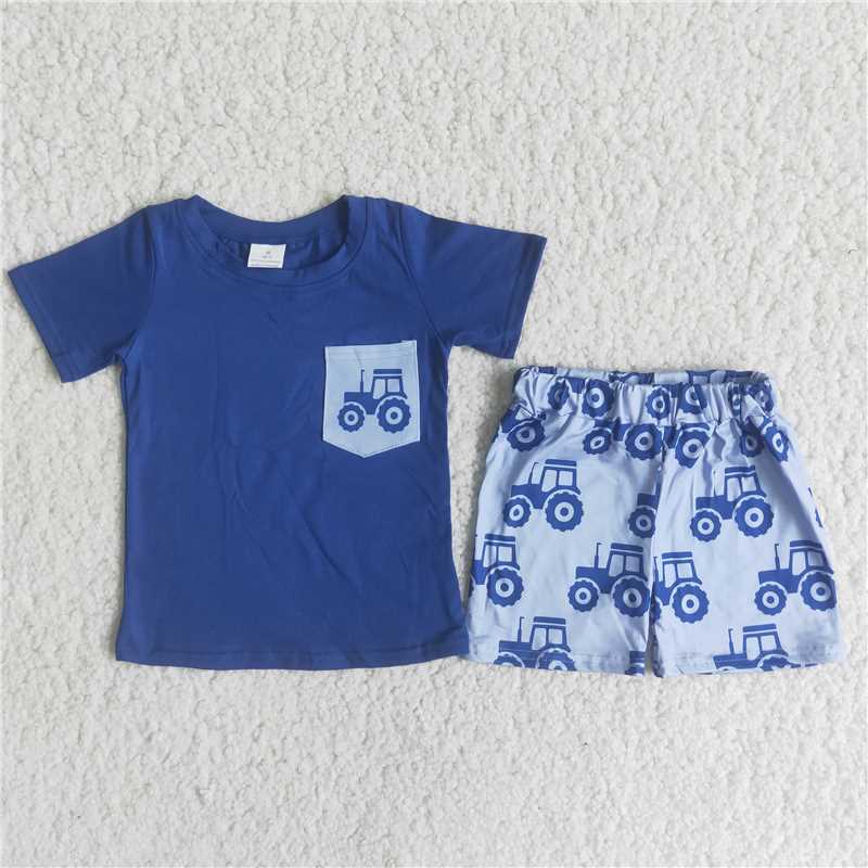 boy’s outfit blue tractor shorts set