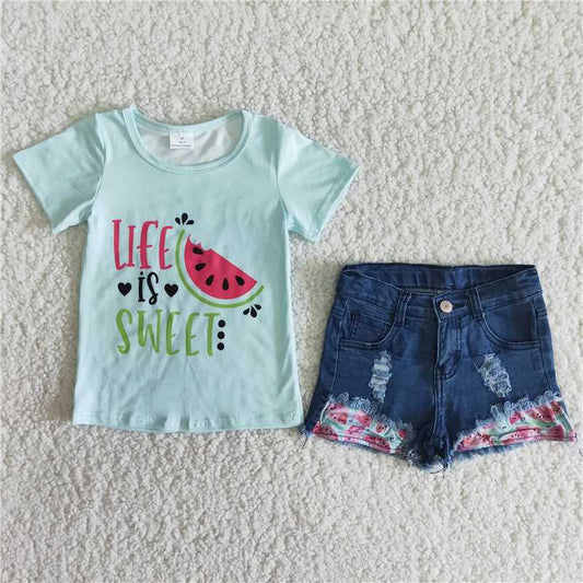 life is sweet watermelon print dark blue denim shorts set