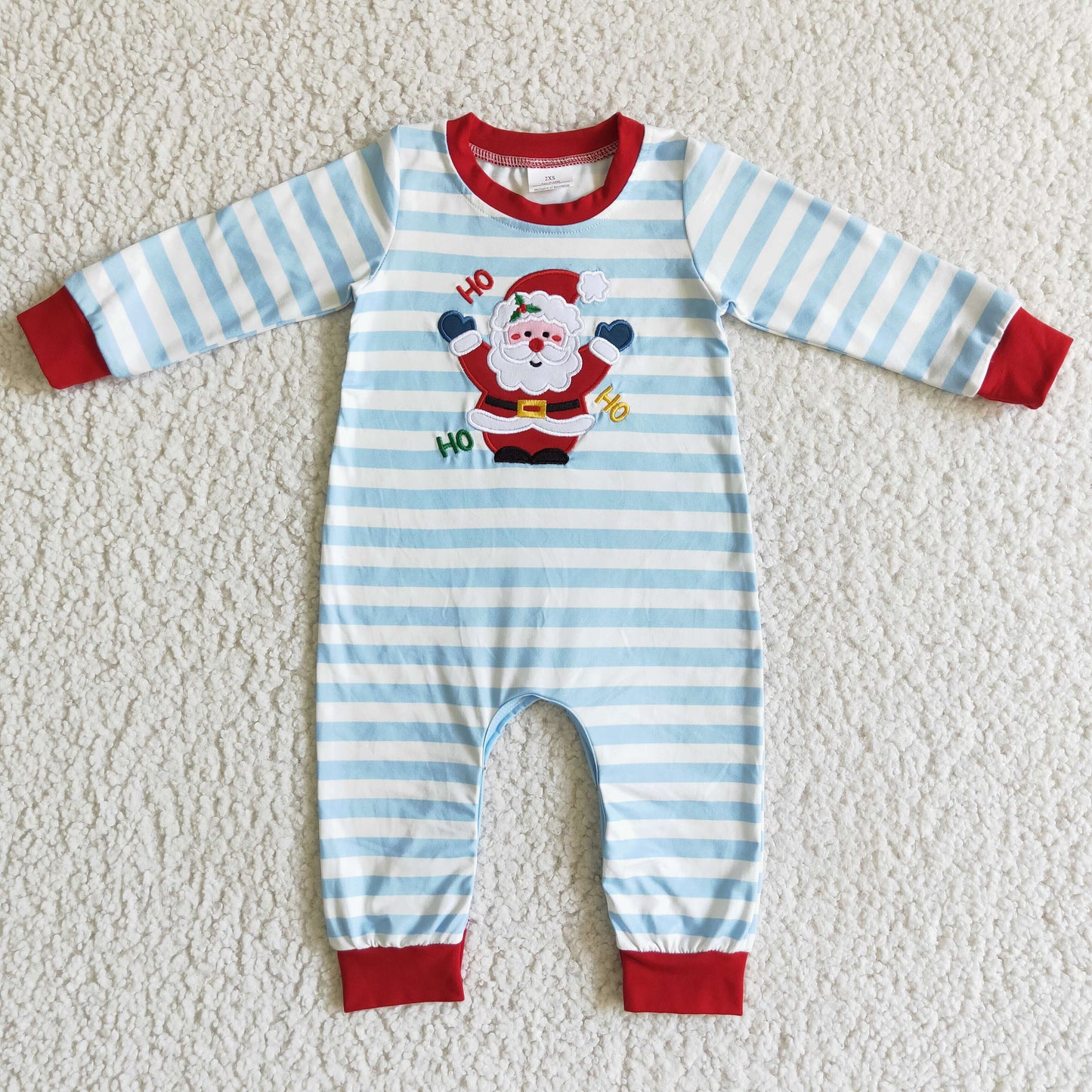 christmas hohoho santa embroidery blue stripe ruffle romper