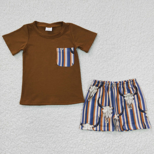 boy brown stripe with skull shorts set