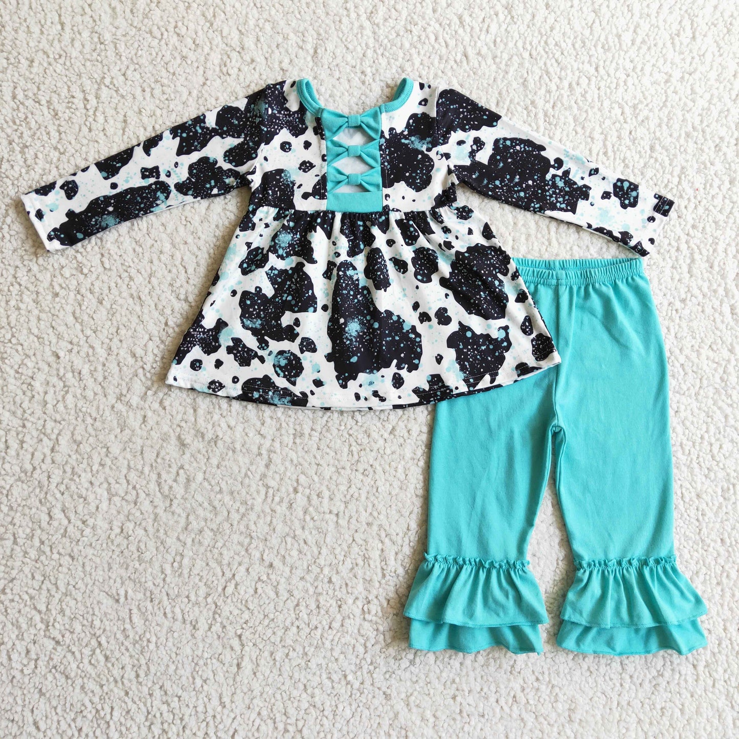 turquoise cow print ruffle outfits