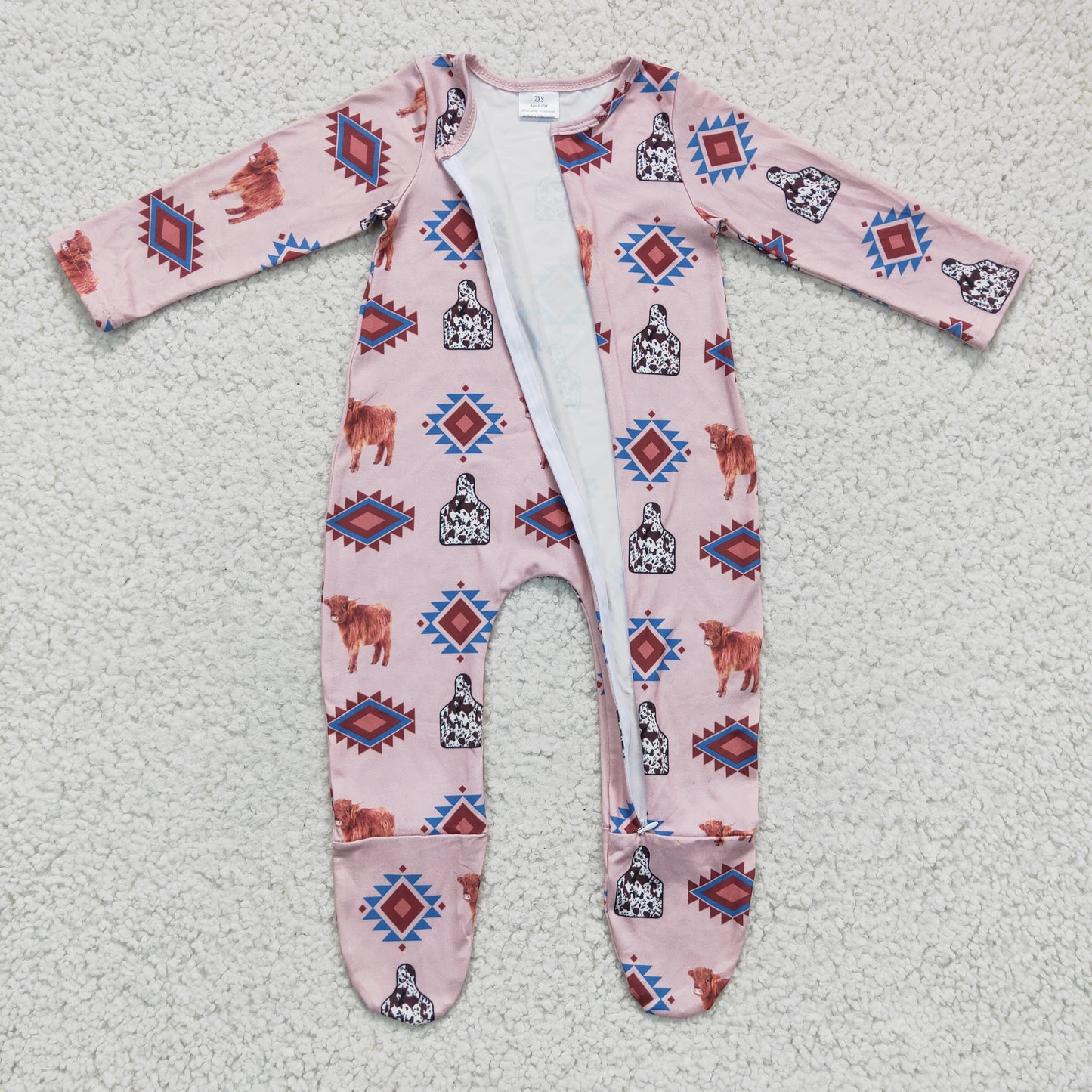 infant baby western footed zip romper cow