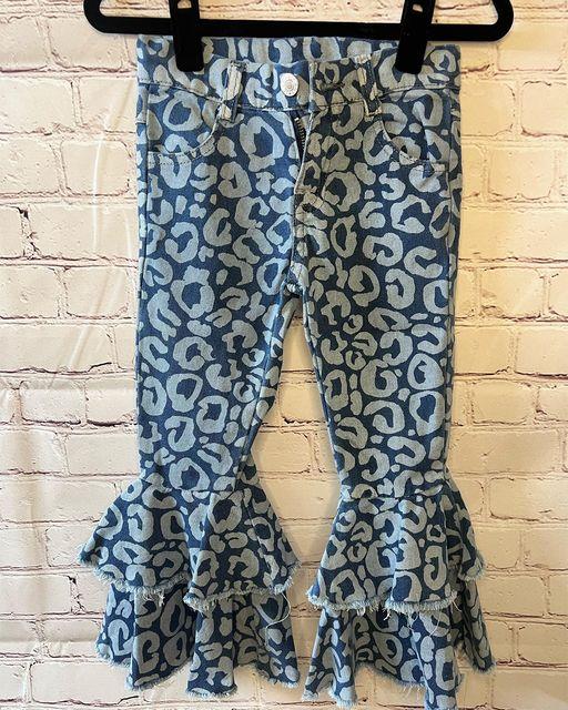 blue loepard denim double flare belles pants