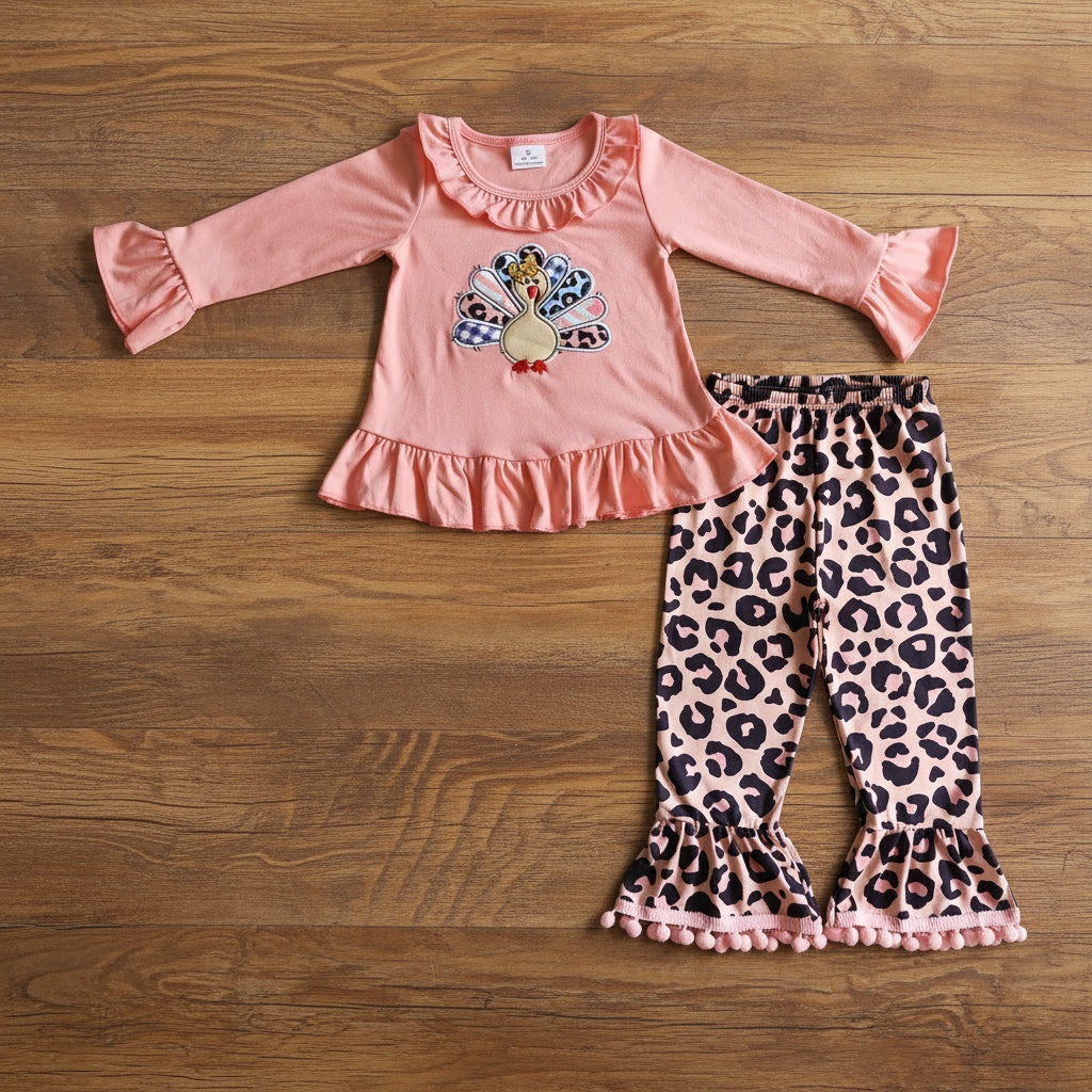 thanksgiving pink top turkey embroidery leopard pants set for baby girl