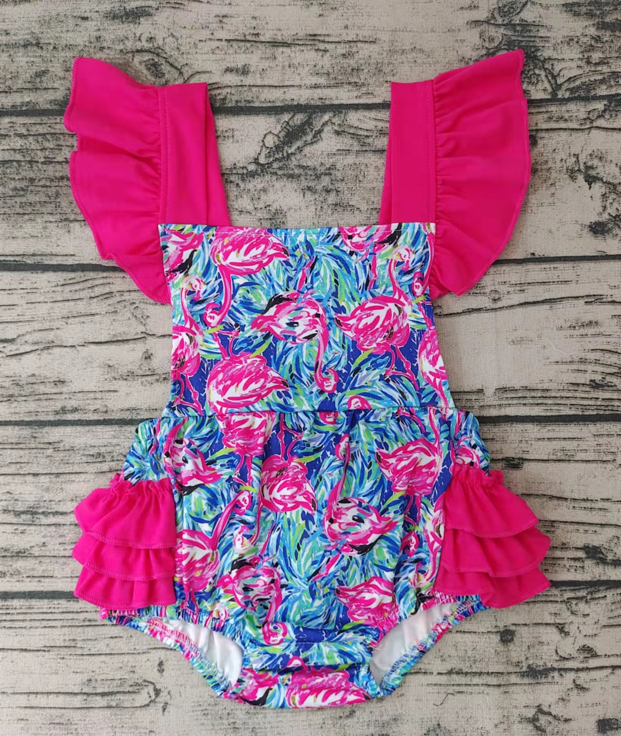 hot pink flamingo butt ruffle romper