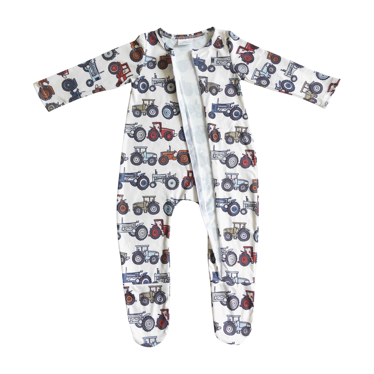 baby long sleeve tractor print footie zip romper
