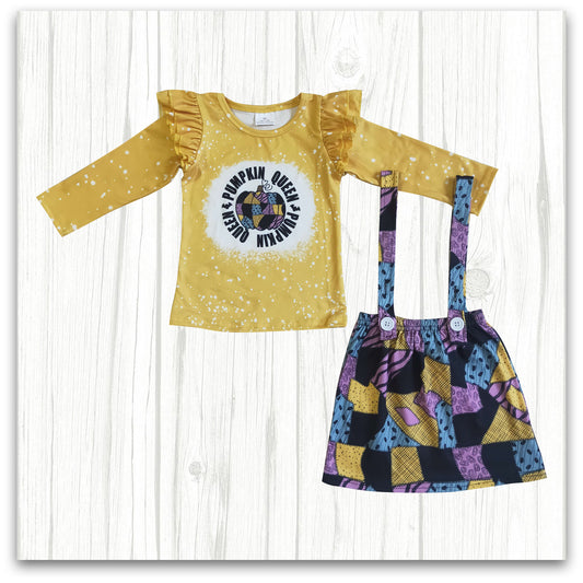 girl 2pcs halloween pumkin print strap skirt outfit
