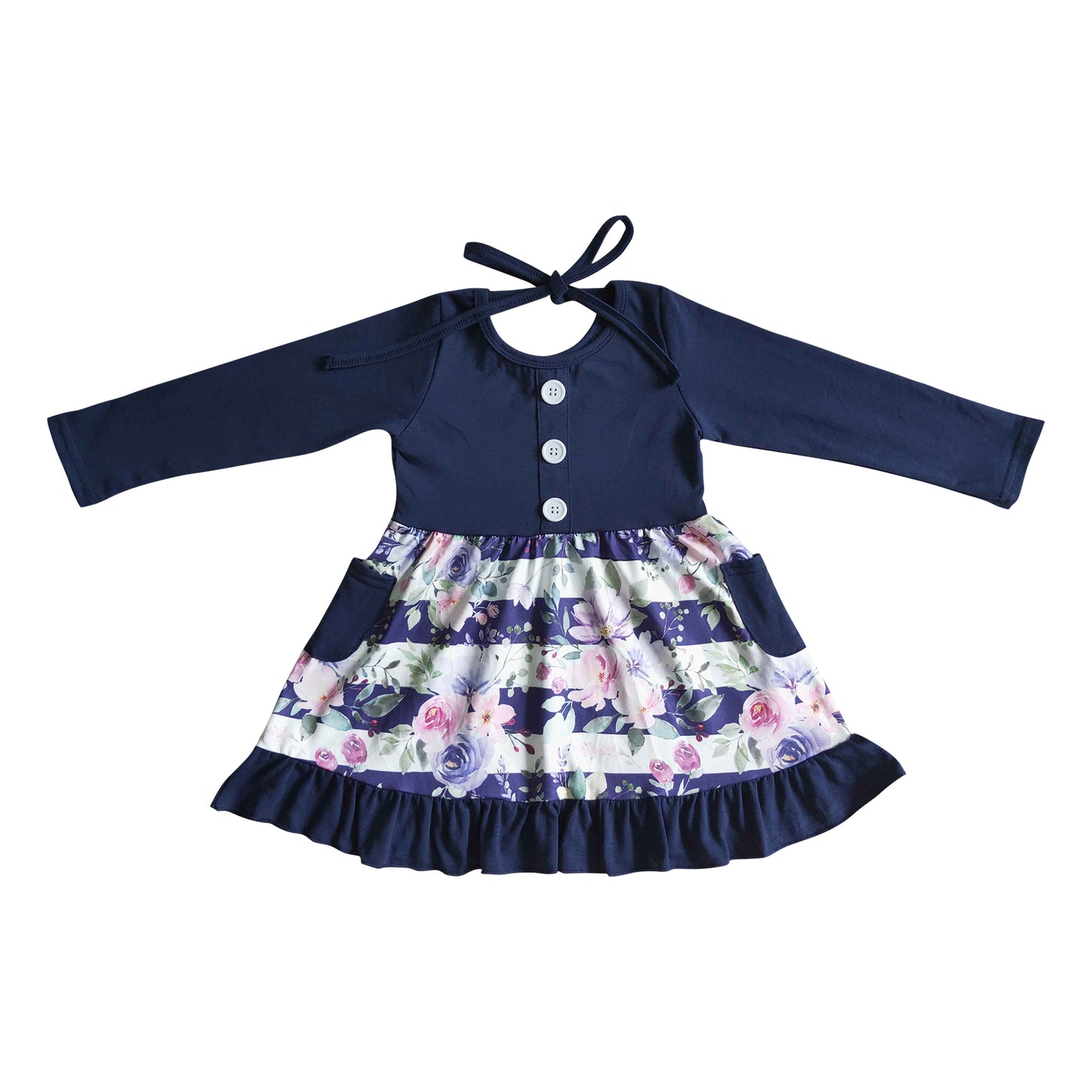 girl’s clothing fall navy blue floral pocket dress