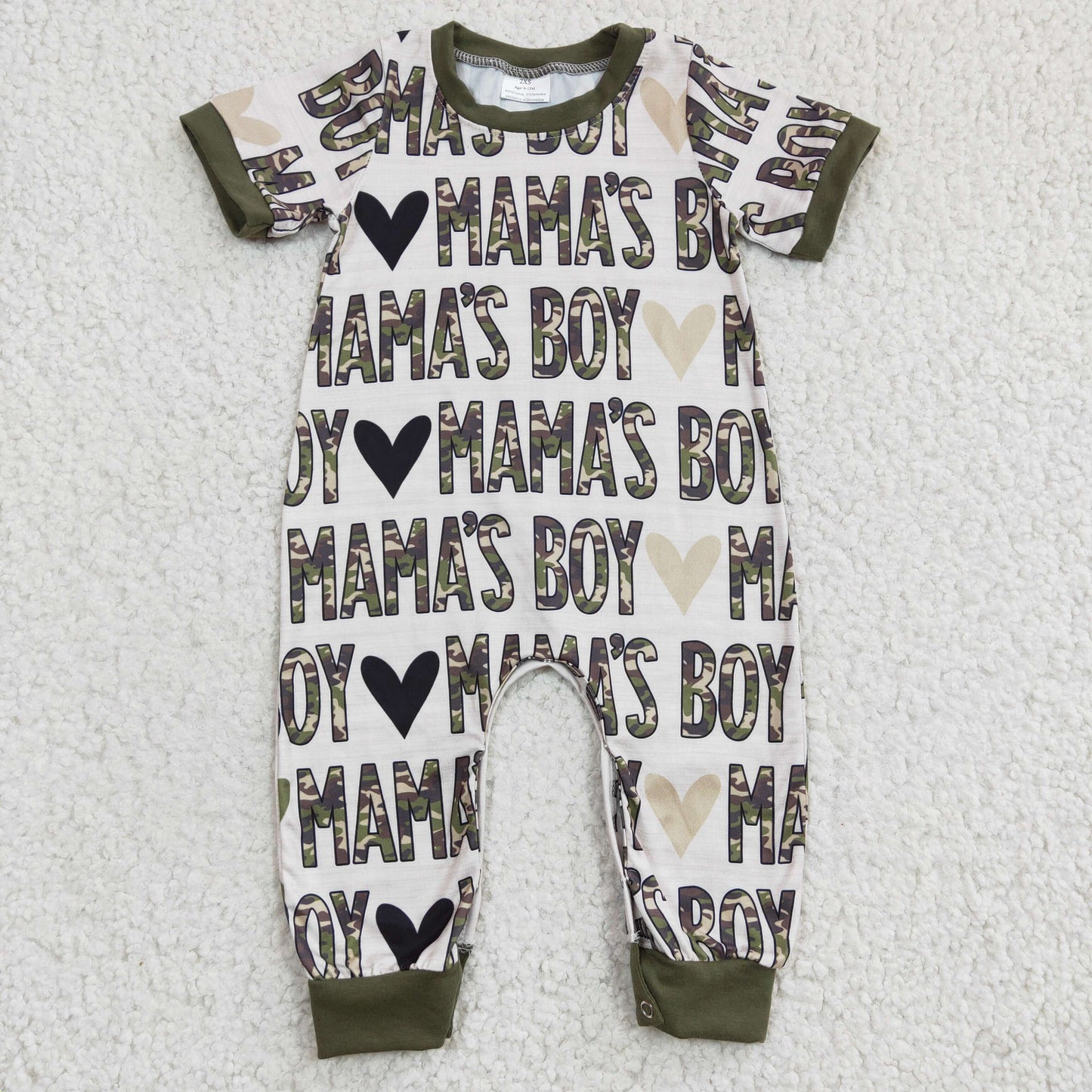 mama's boy baby romper camo