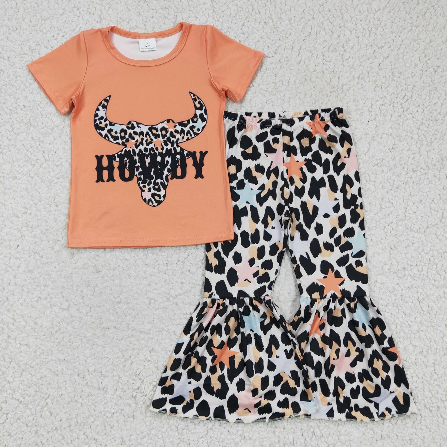 "HOWDY" bull top w/multicolor cheetah & stars bell bottoms 2pc set GSPO0305
