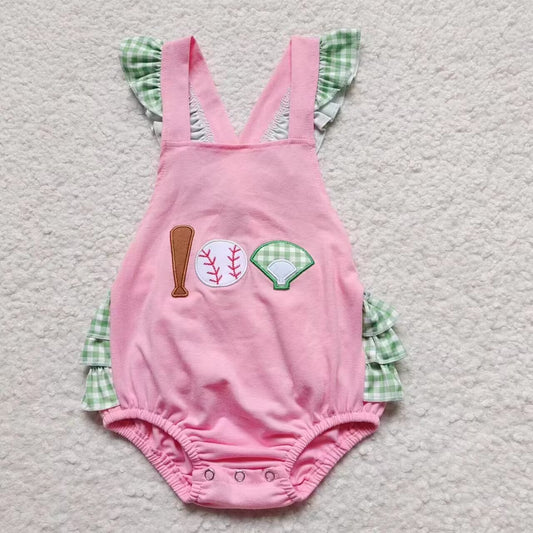 pink baseball embroidery romper