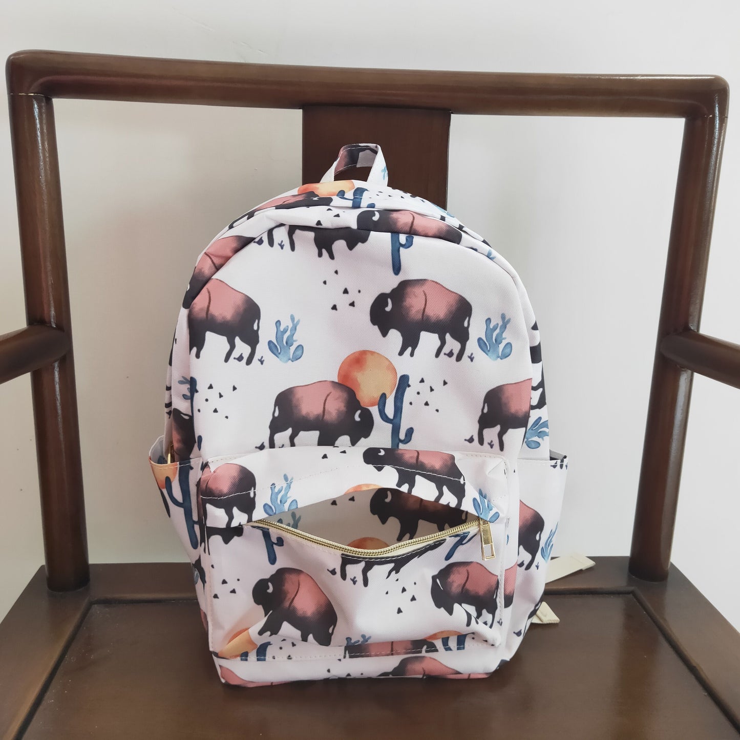 western buffalo print bison white school backbag
