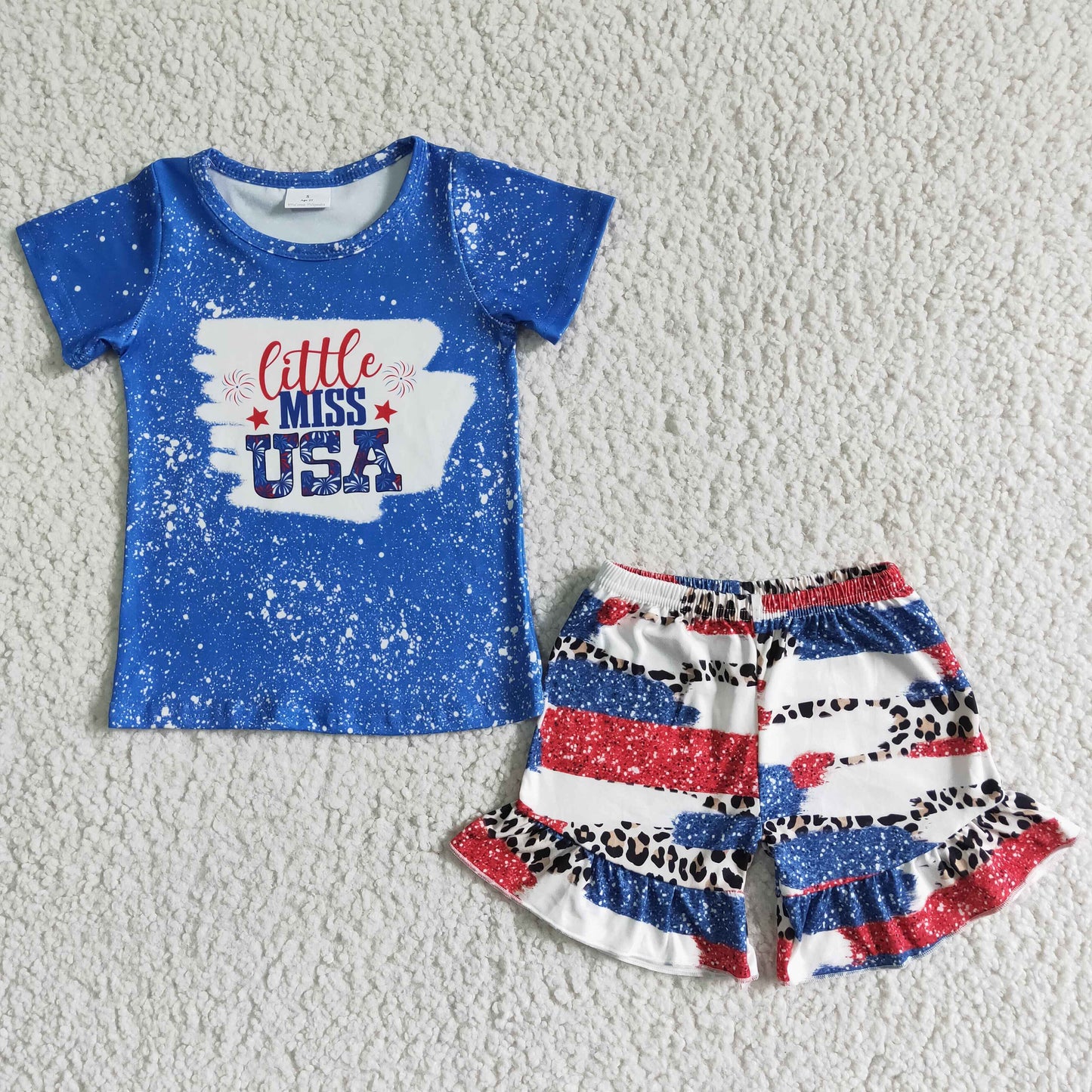 little miss USA 4th of july red white blue girl's shorts set