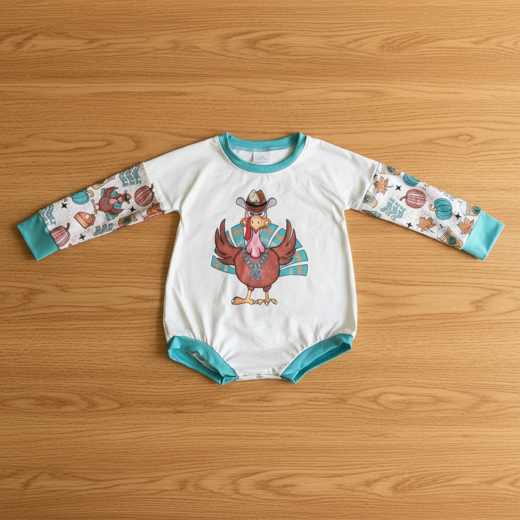 white gobble turkey print baby romper