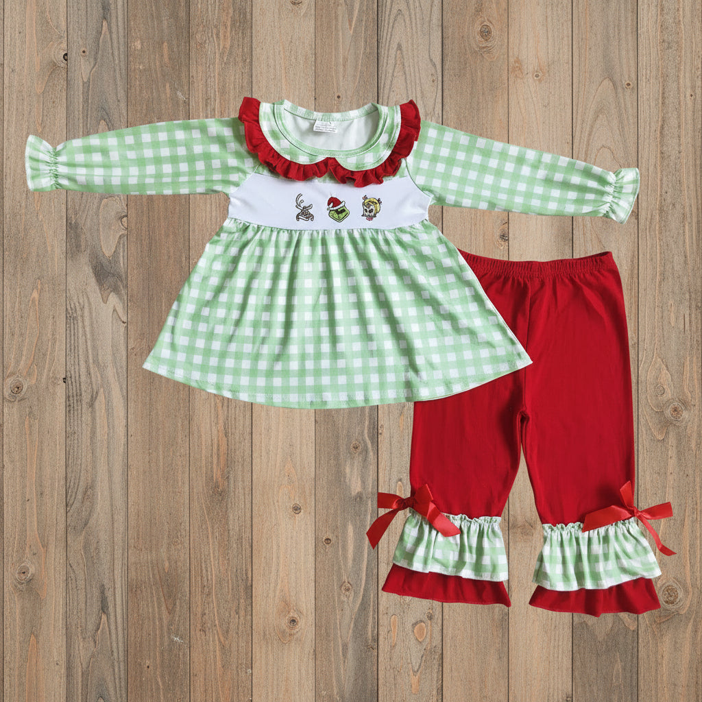 girl Christmas embroidery outfit red ruffle pants set
