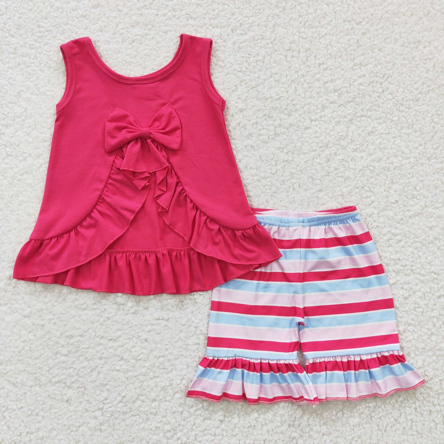girl summer cotton hot pink stripe ruffle shorts set
