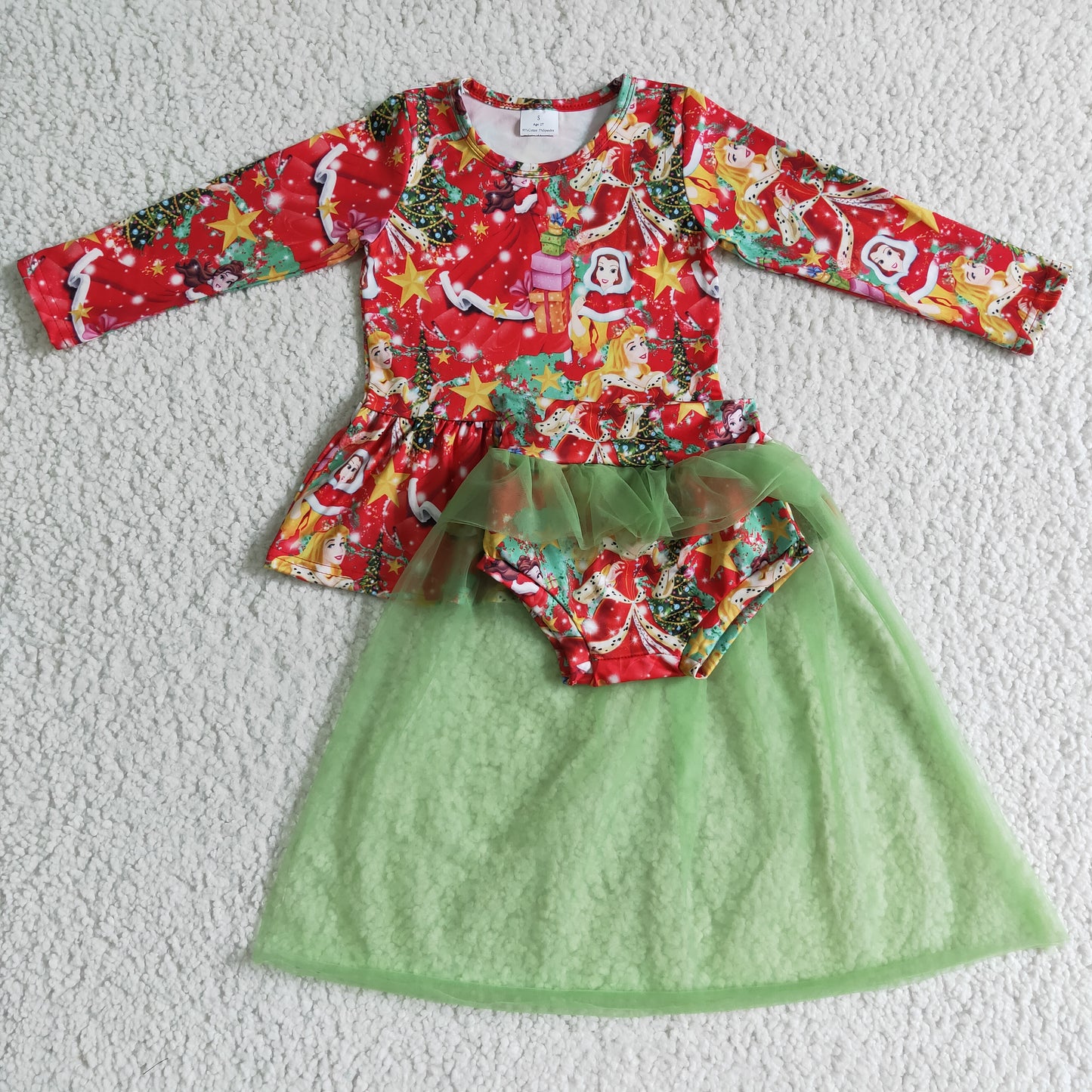 girl long sleeve christmas princess green tutu bummie set