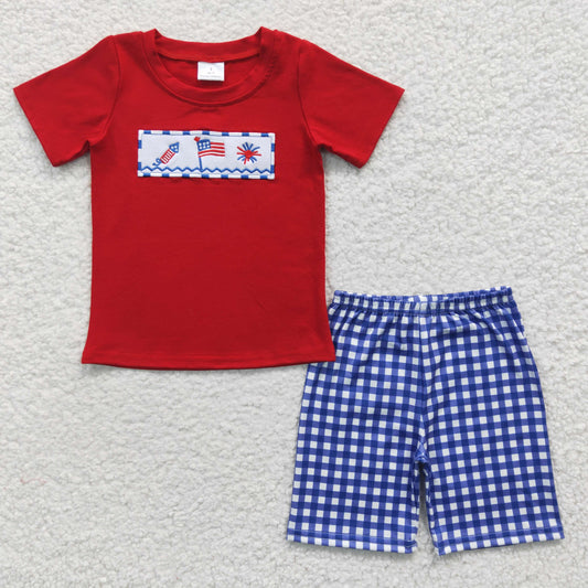 4th of july /patriotic red cotton embroidery boys shorts set