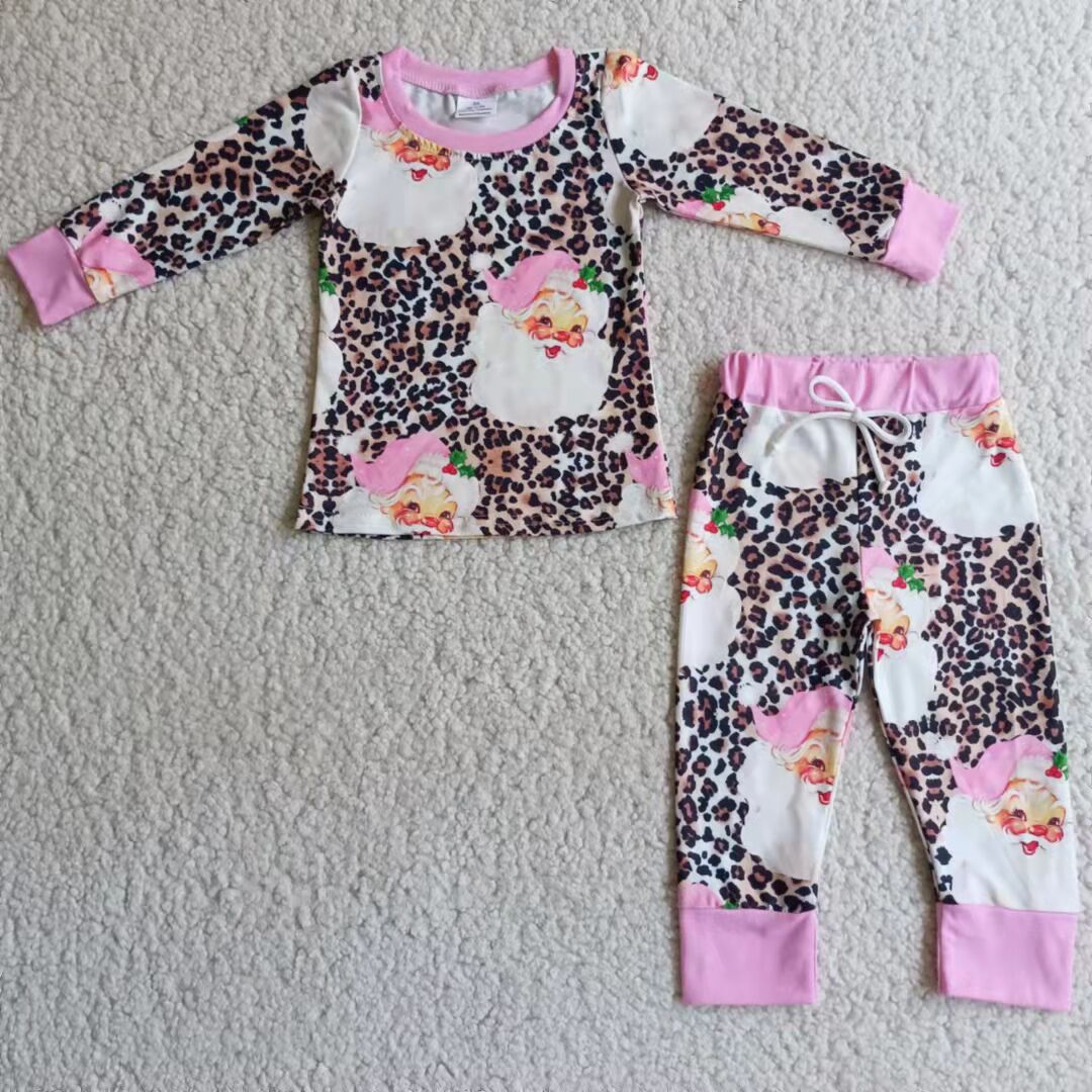 leopard santa girls Christmas pajamas