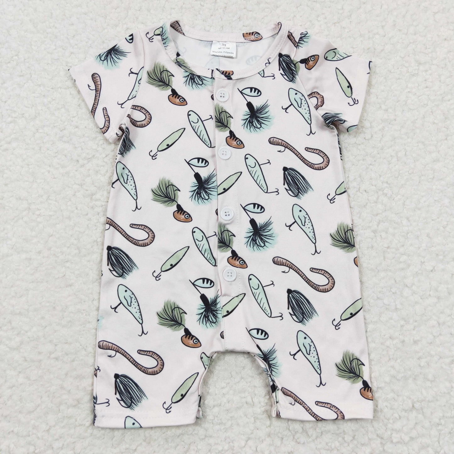 baby boy sleeveless button romper fish hook