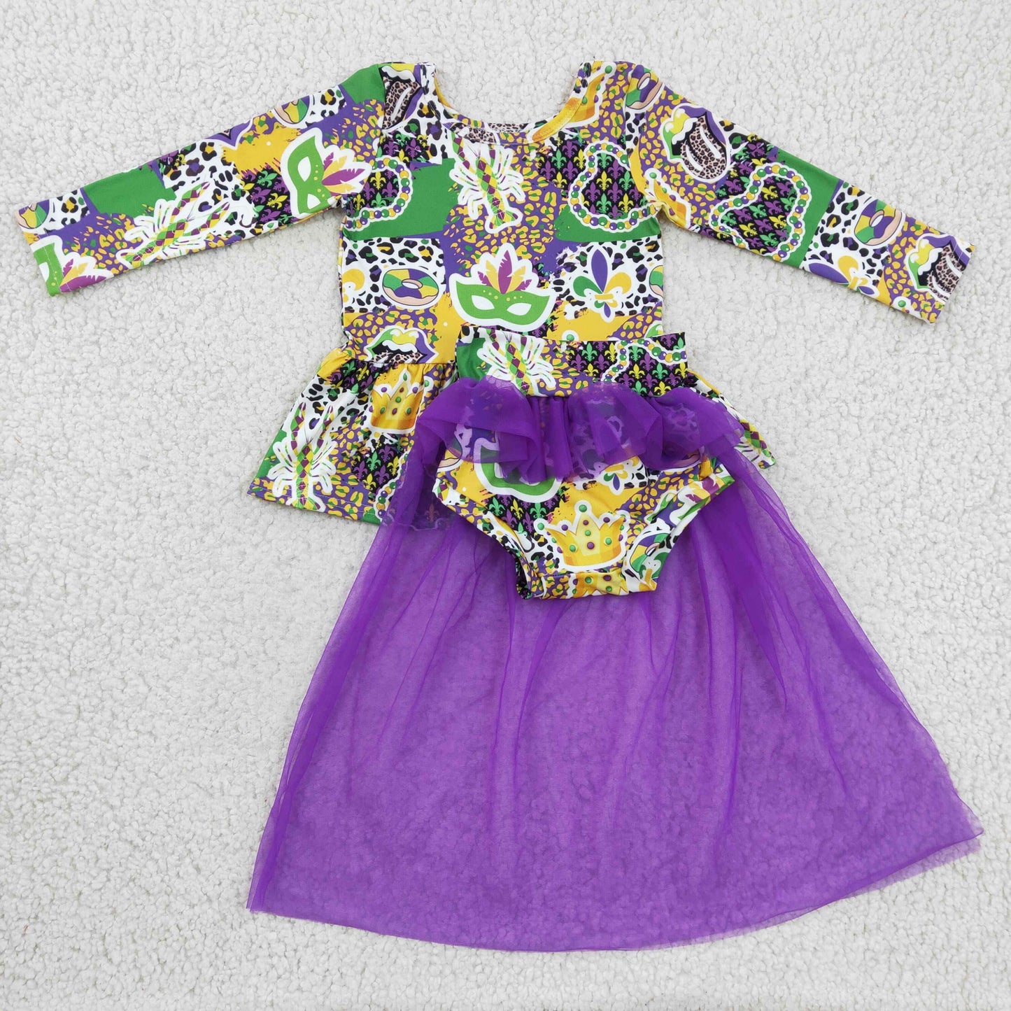 mardi gras mask print purple tutu bummie set for baby girl
