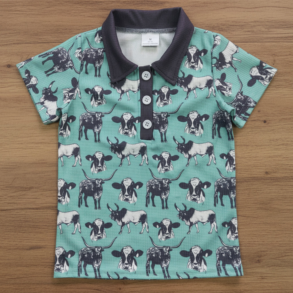 cow print Waffle fabric polo t-shirt boy's top