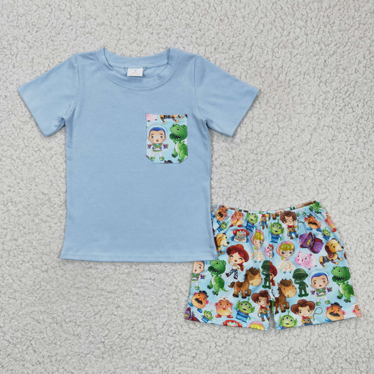 summer boy blue shorts set cartoon character