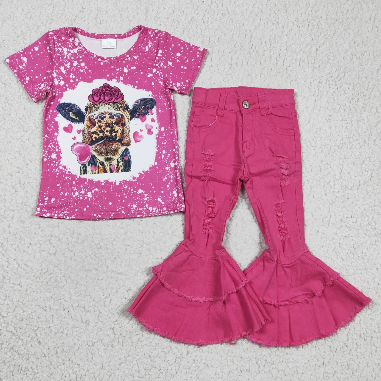 2pcs cow print pink denim pants outfit for valentine