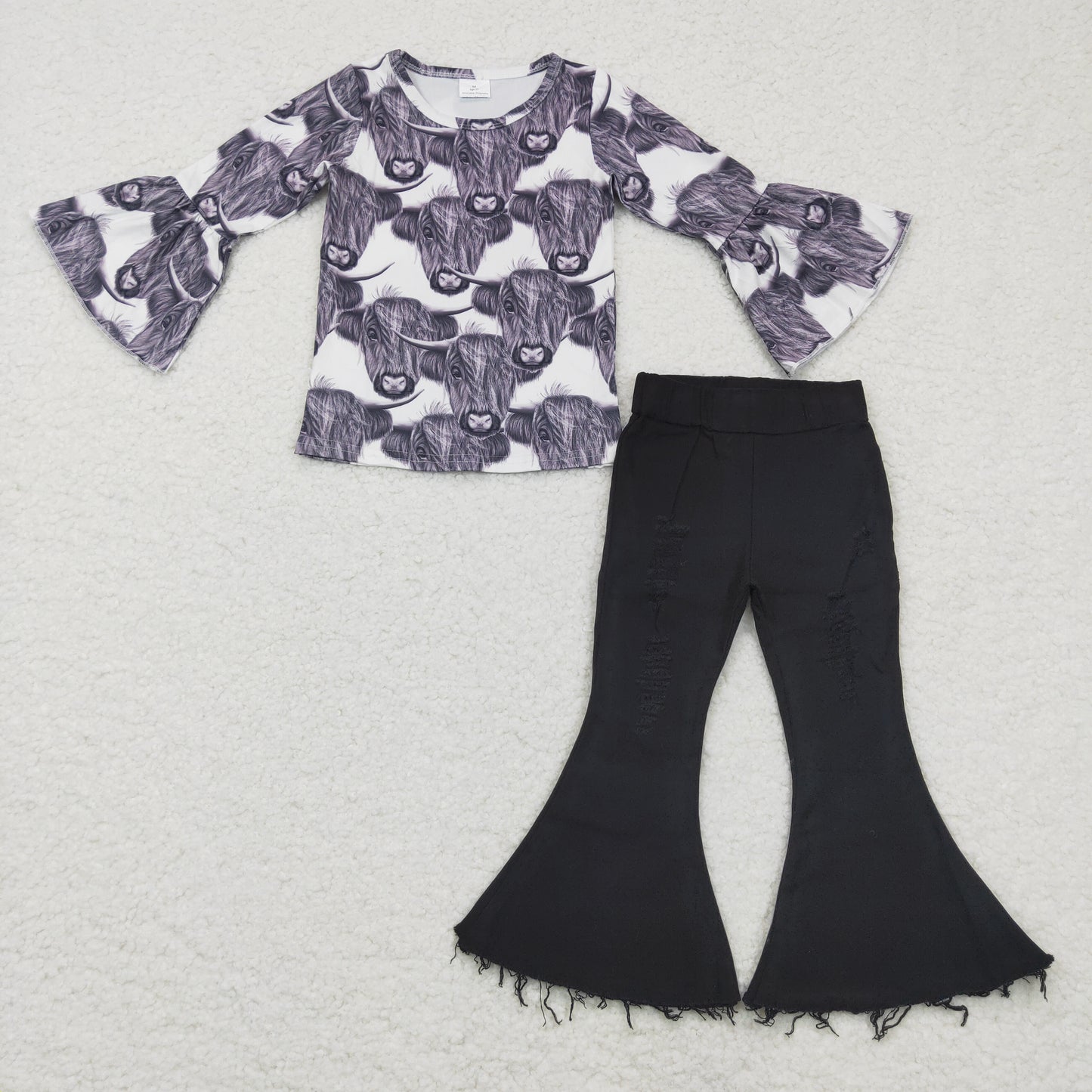 2pcs cow top black denim pants set