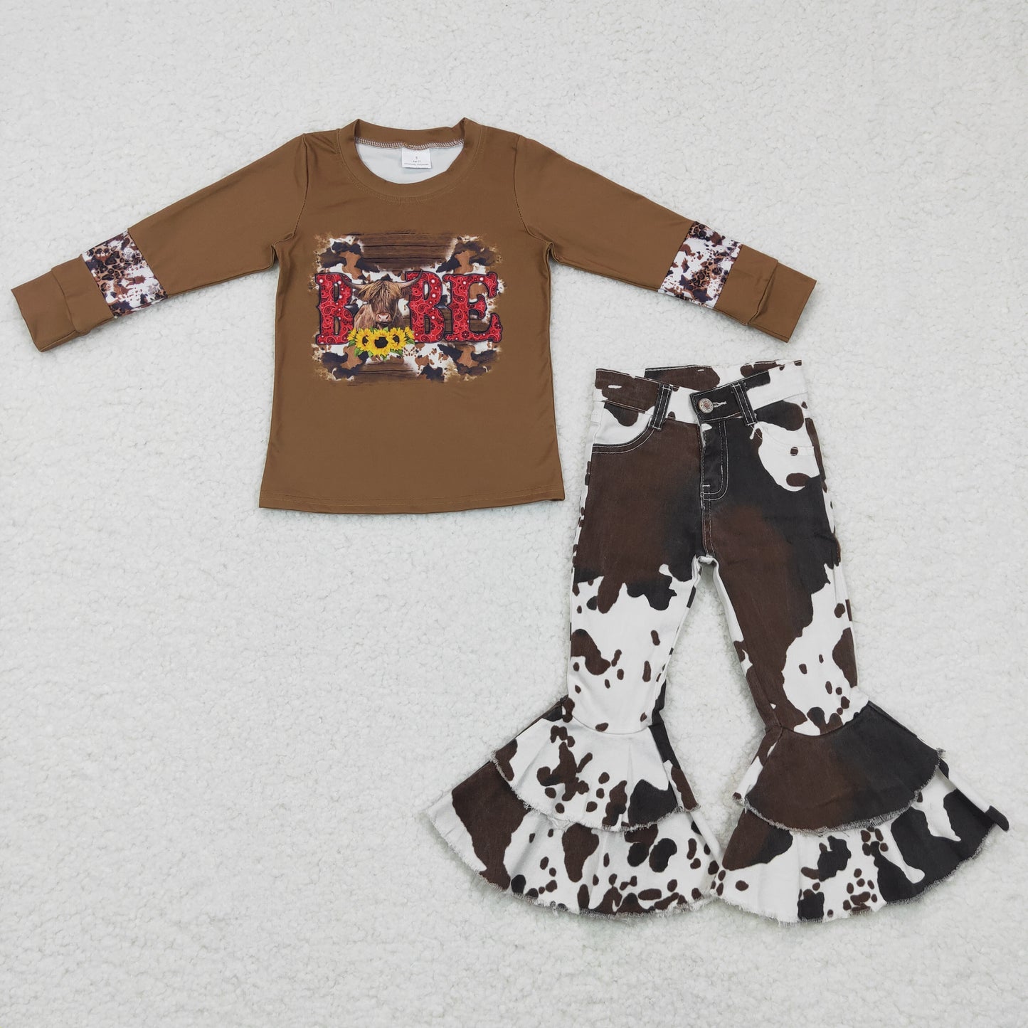 2pcs brown babe top cow denim pants set