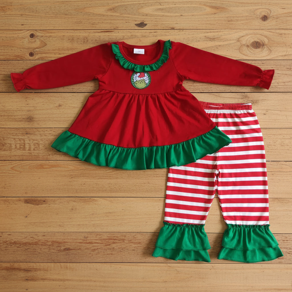 girl embroidery christmas outfit red stripe ruffle pants set