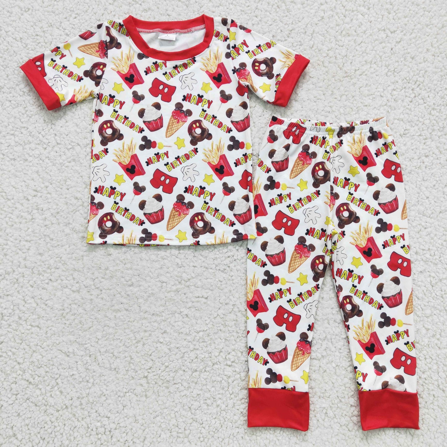 happy birthday cartoon dessert red pajama outfit