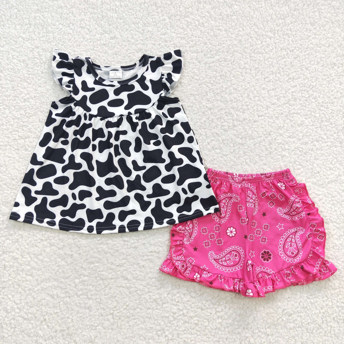 cow print girl summer ruffle shorts set
