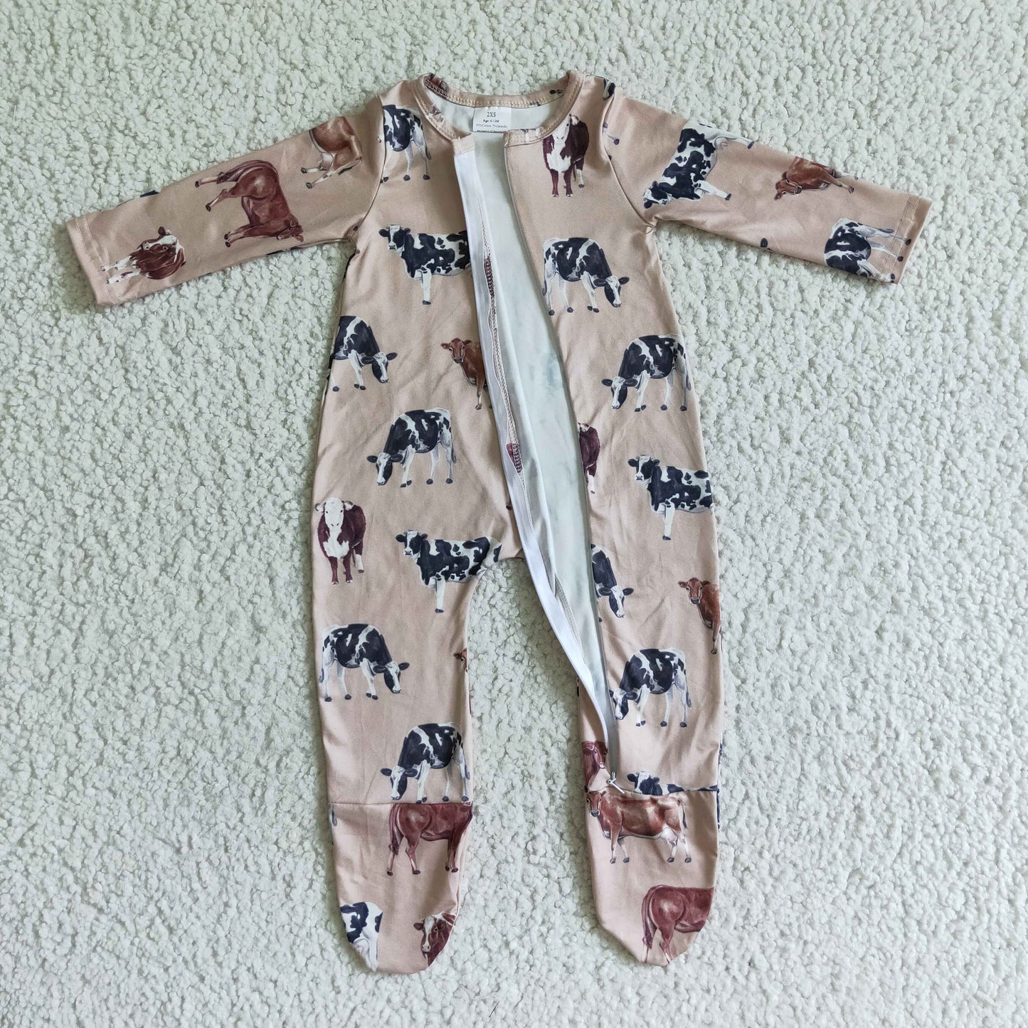 baby long sleeve cow print footie zip sleeper