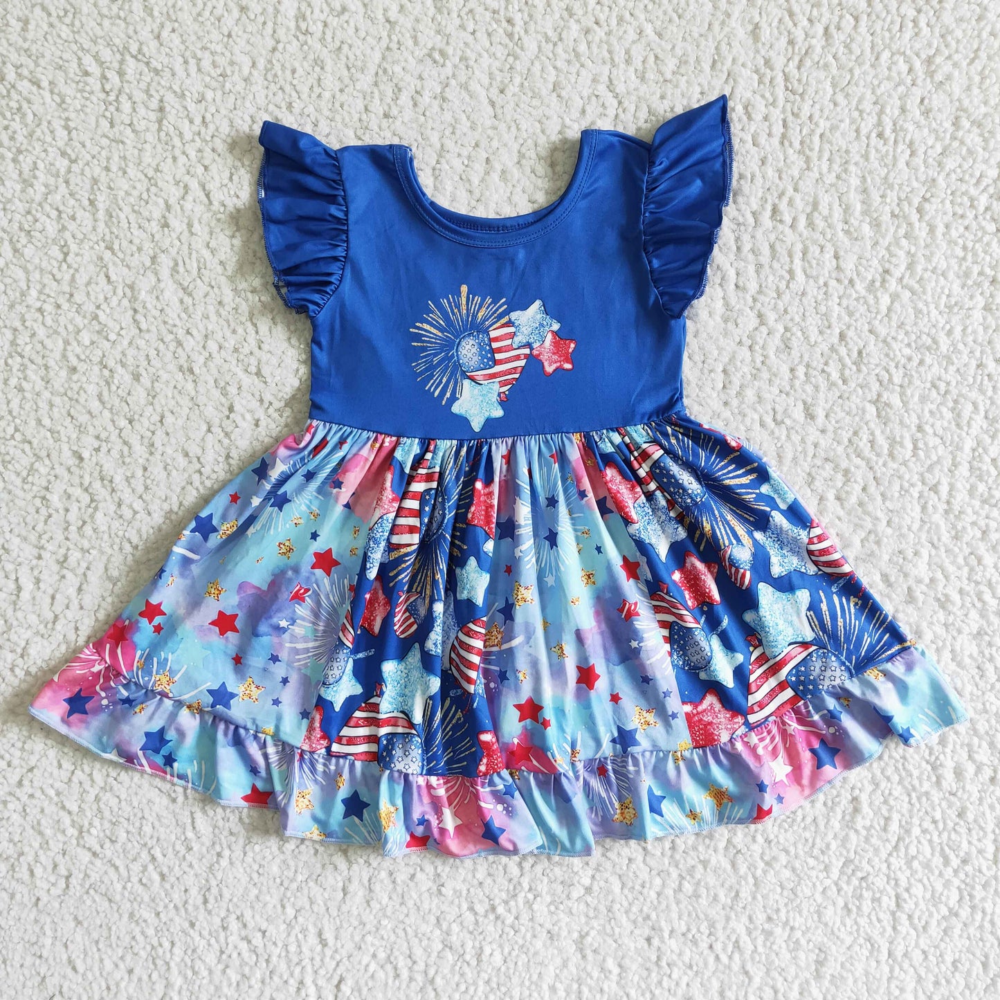 blue 4th of july flutter sleeve star and firework twirly dress