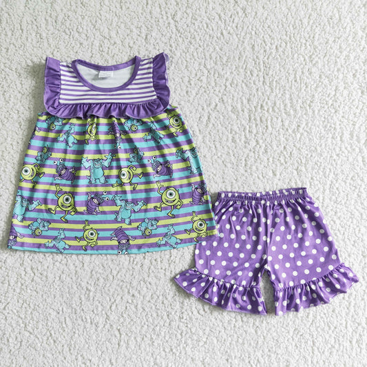 spandex+cotton girl's outfit purple monster shorts set