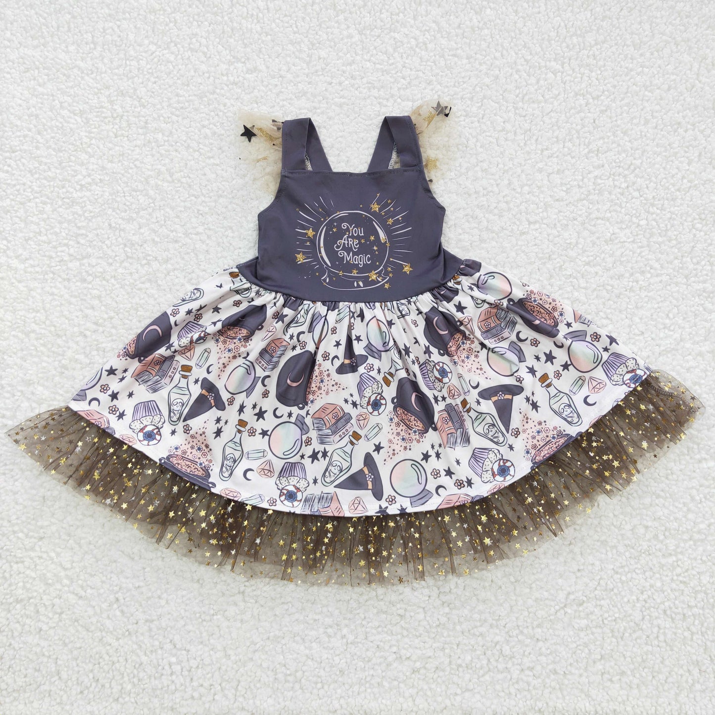 kids girl magic golen star tutu ruffle twirl dress