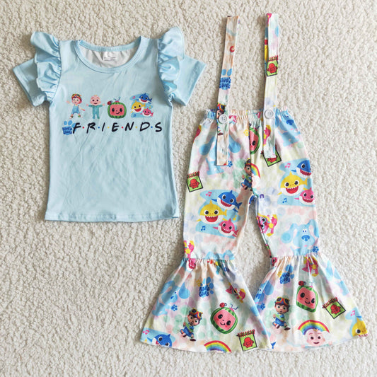 blue friends overall pants set girl
