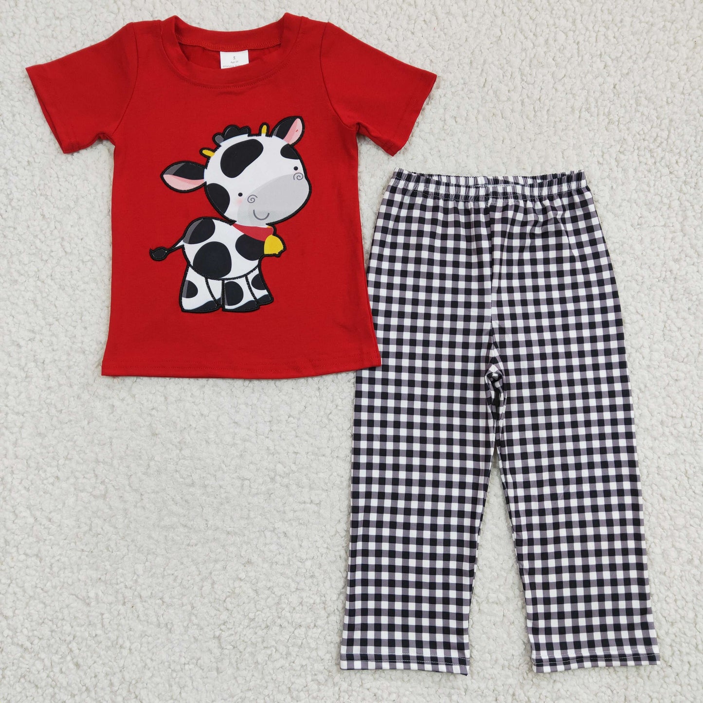 girl spring red shirt cow embroidery straight pants outfit sibling