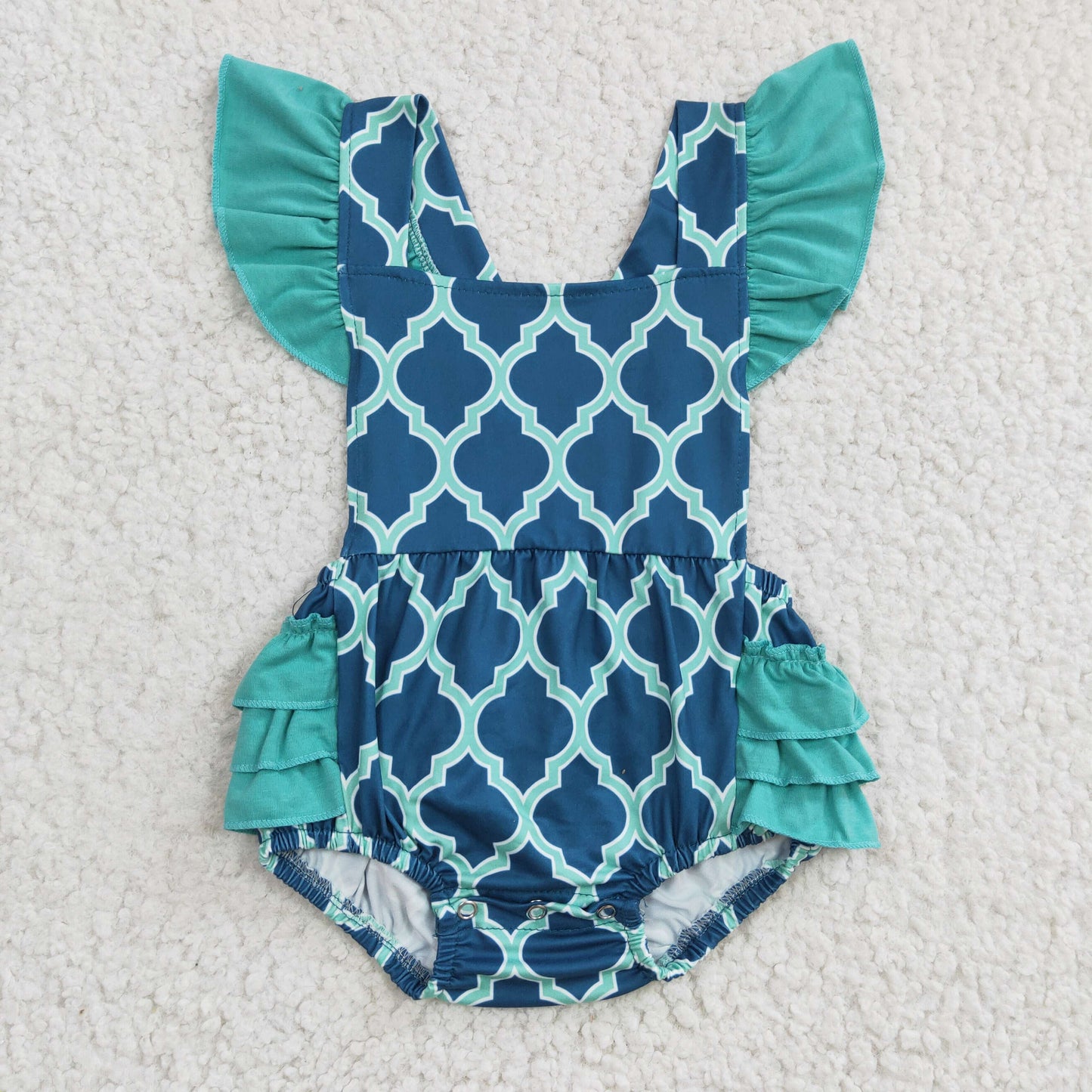 baby girl green ruffle cross romper