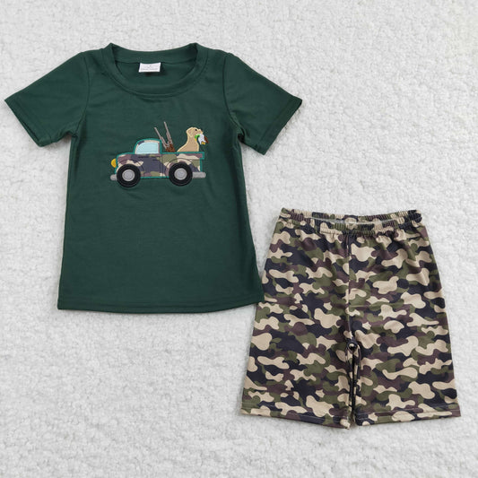 hunting boy truck embroidery camouflage shorts set