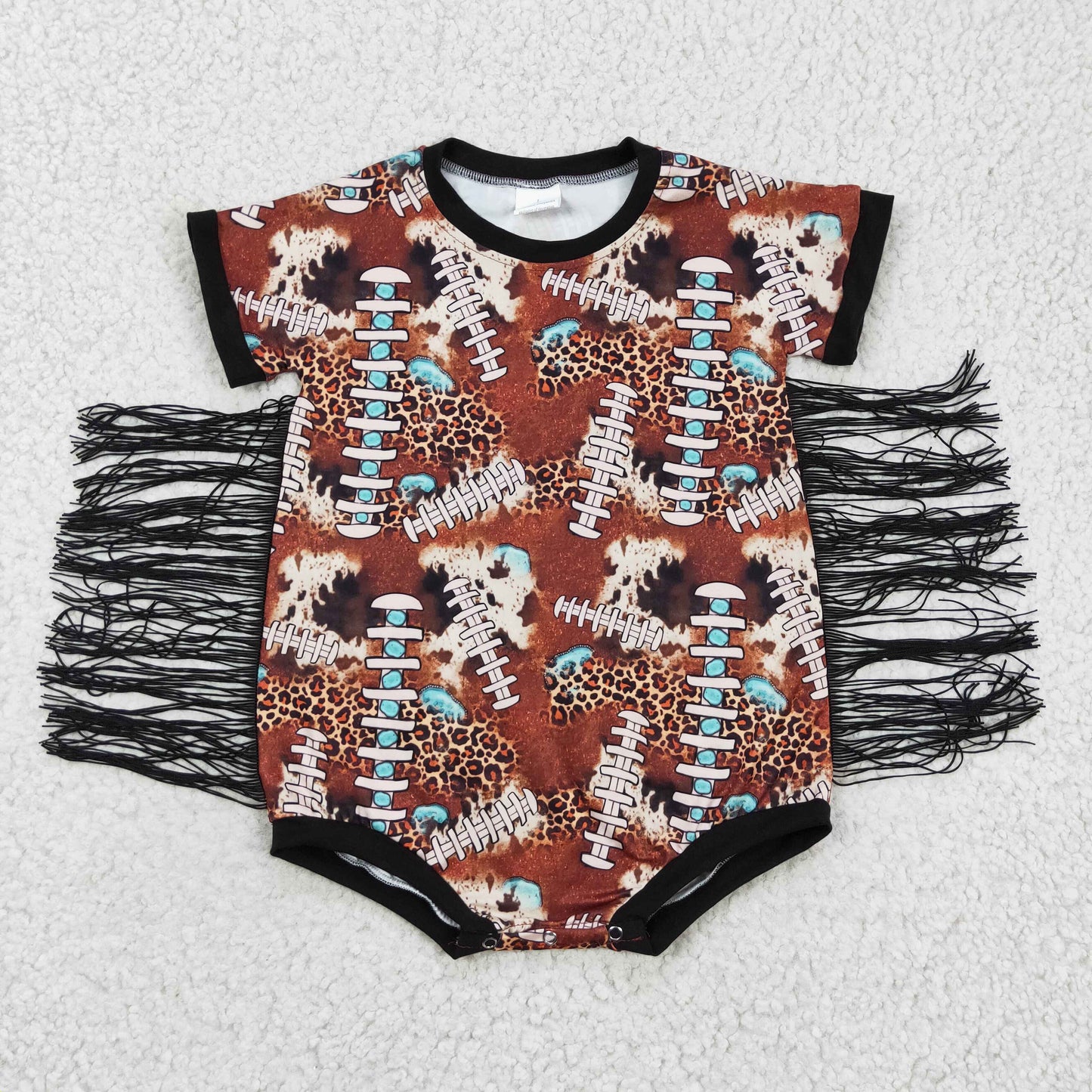 infant brown cow leopard fringe romper