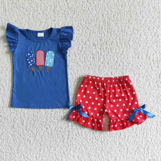 popsicle embroidery polk dots shorts set 4th of july kids clothes
