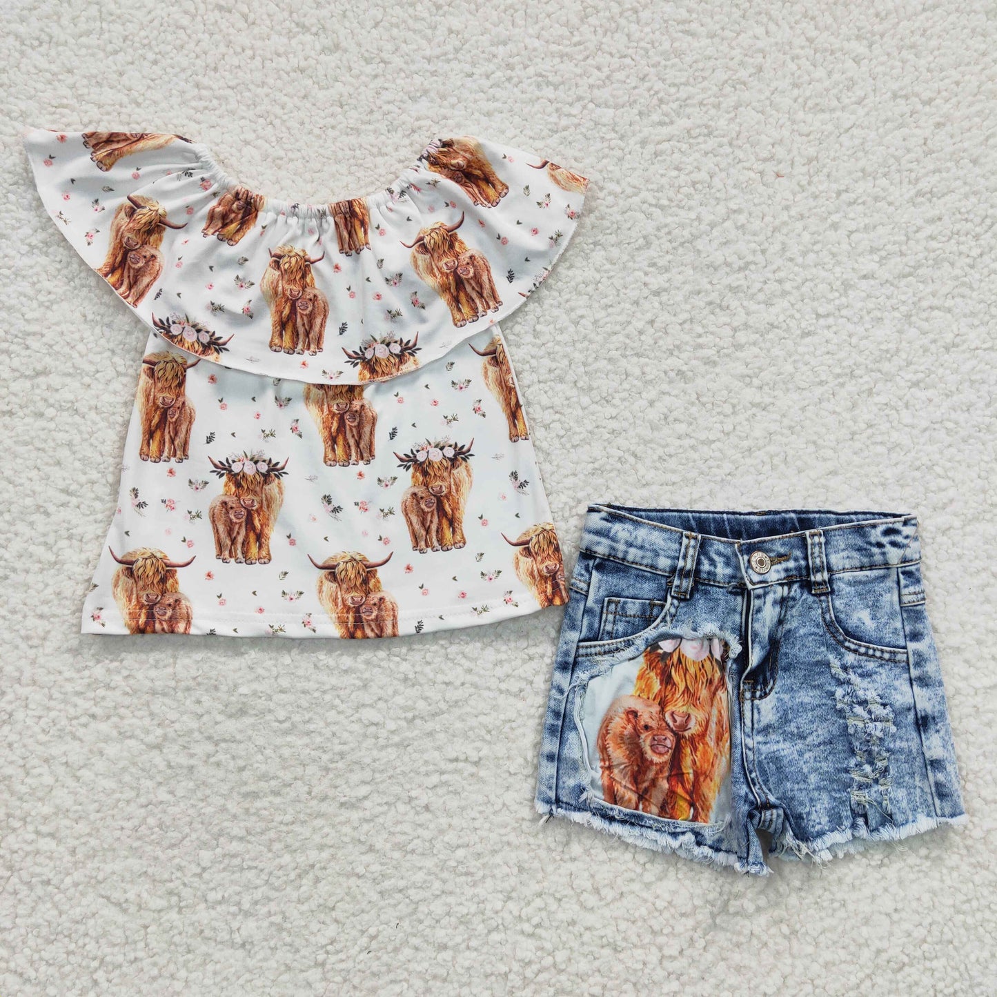 highland cow denim shorts set