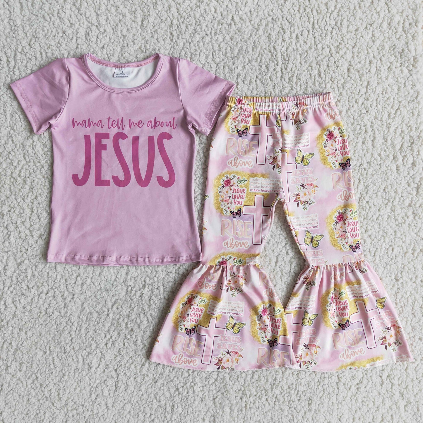 Pink Short Sleeve Momma Tell Me About Jesus Bells Outfit