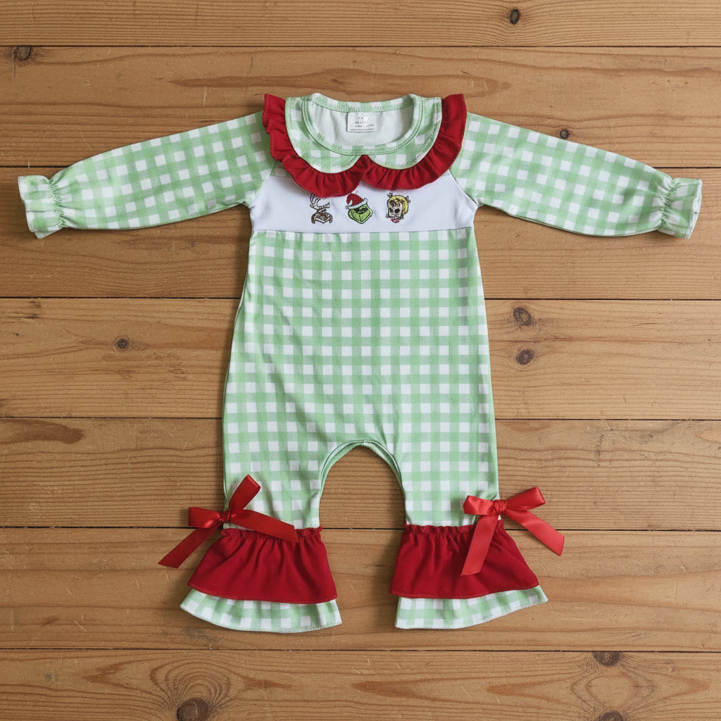 toddlers baby christmas embroidery green plaid ruffle romper