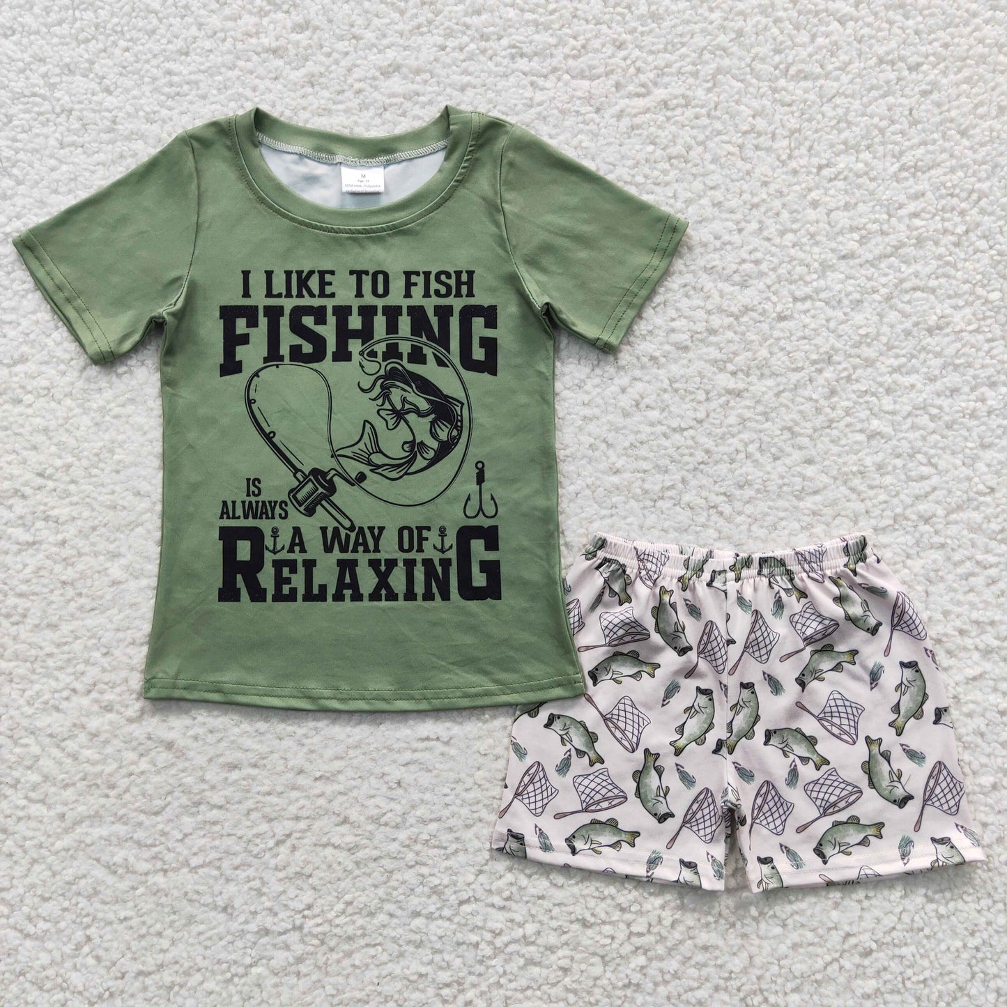 green fish print girl ruffle shorts set outfit for summer