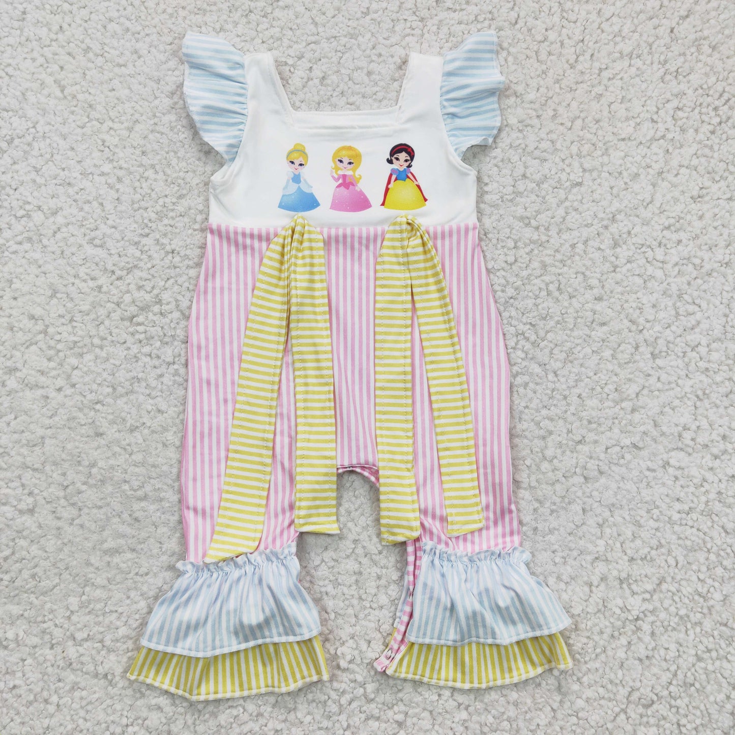 baby girl blue yellow pink stripe ruffle romper princess print