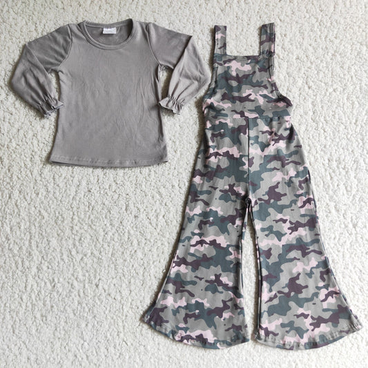 2pcs Grey Cotton Top Camo Overalls Bells Set