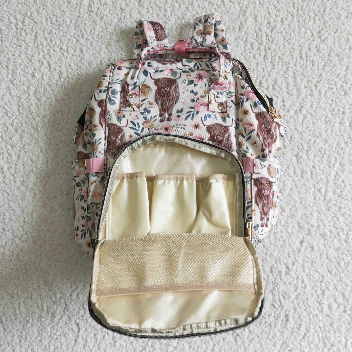 polyster/nylon floral cow diaper bag backpack
